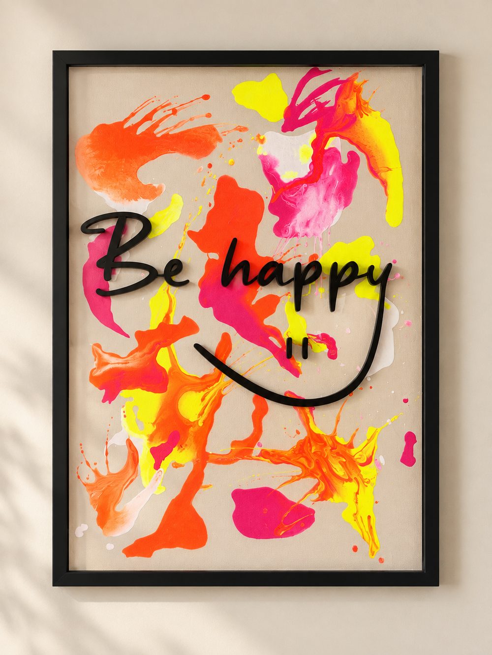Acrylbild mit Schriftzug "Be happy" und Lächeln-Symbol
